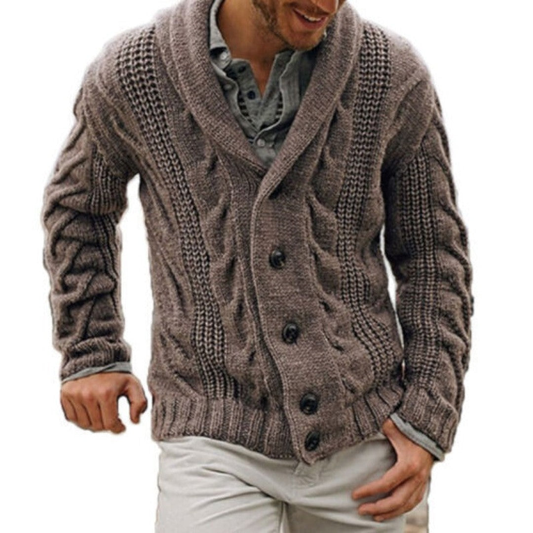 Man wearing the Landon men's wool cardigan, front view