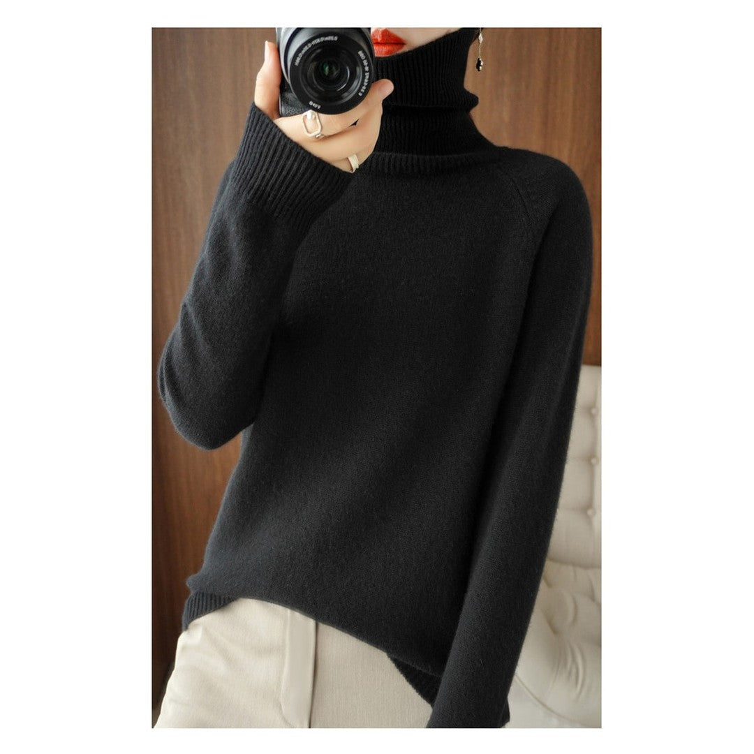 Woman wearing the Lark women's knit sweater, side view
