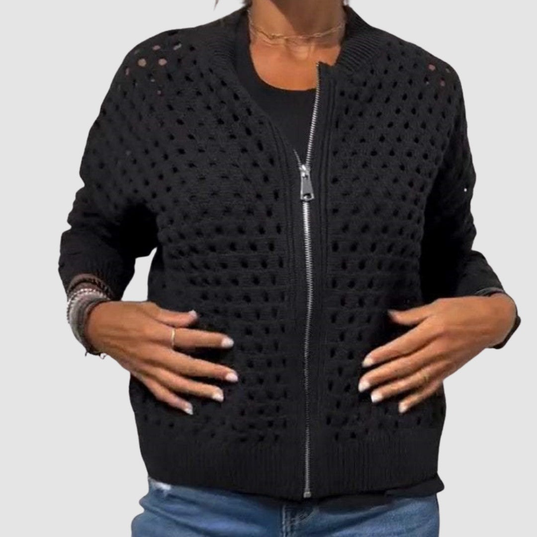 Woman wearing the Layla women's zip-up cardigan, back view