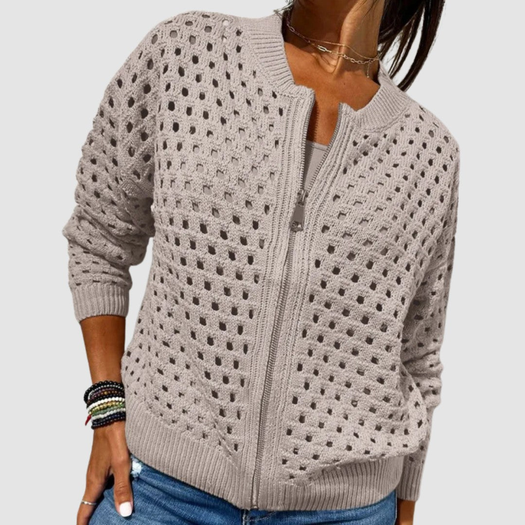 Woman wearing the Layla women's zip-up cardigan, detail view