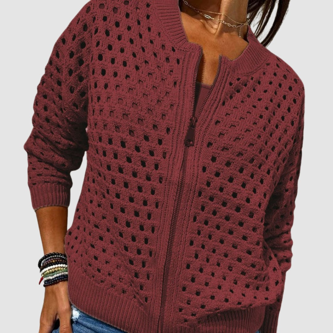 Woman wearing the Layla women's zip-up cardigan, flatlay view