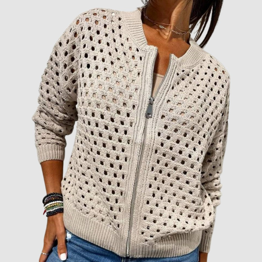 Woman wearing the Layla women's zip-up cardigan, front view