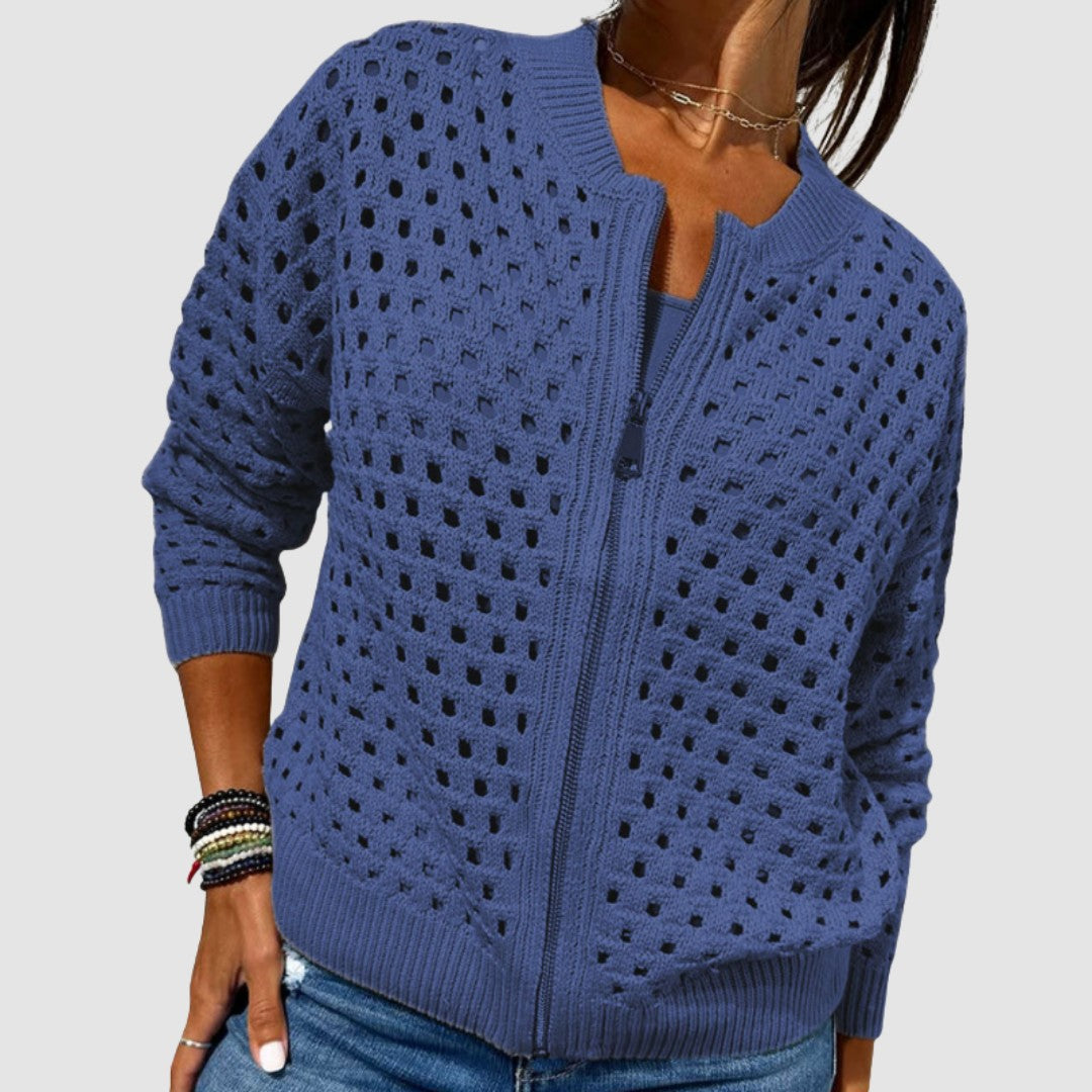 Woman wearing the Layla women's zip-up cardigan, model view