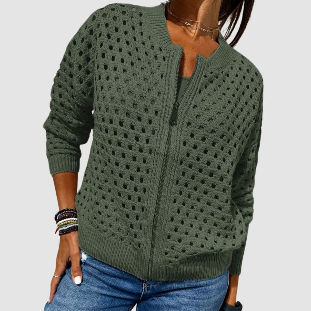 Woman wearing the Layla women's zip-up cardigan, side view