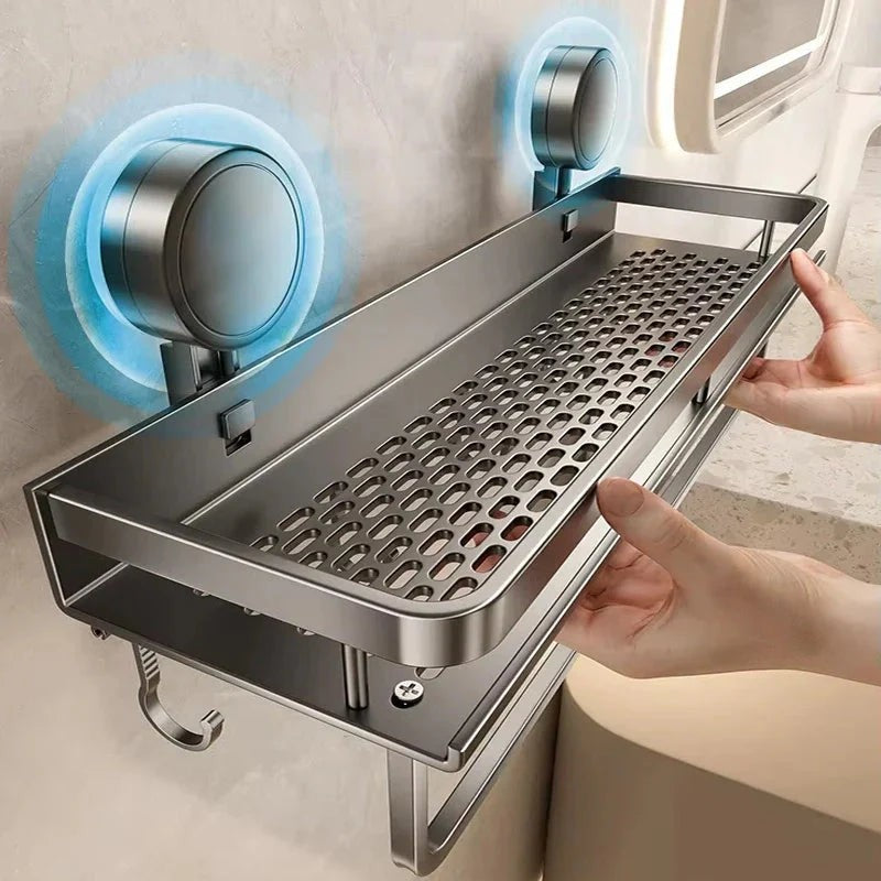 No-drill suction aluminium shower shelf with drain rack - product photo 1