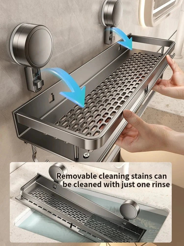 No-drill suction aluminium shower shelf with drain rack - product photo 2