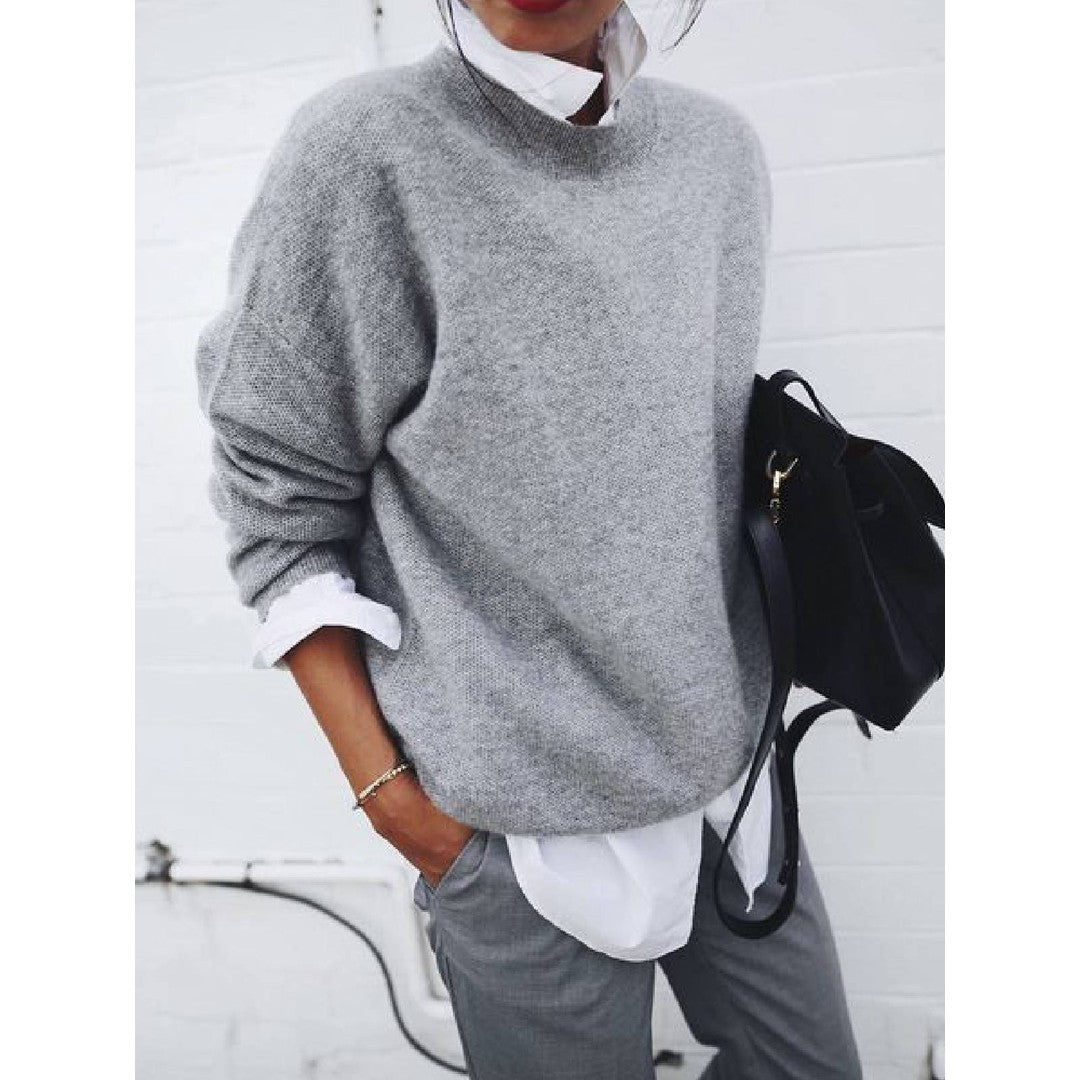 Woman wearing the Lena women's knit long-sleeve sweatshirt, front view