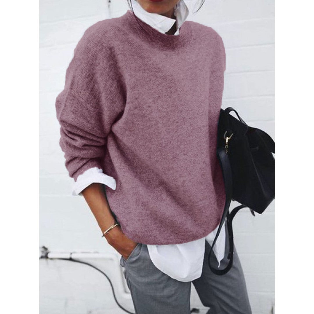 Woman wearing the Lena women's knit long-sleeve sweatshirt, model view