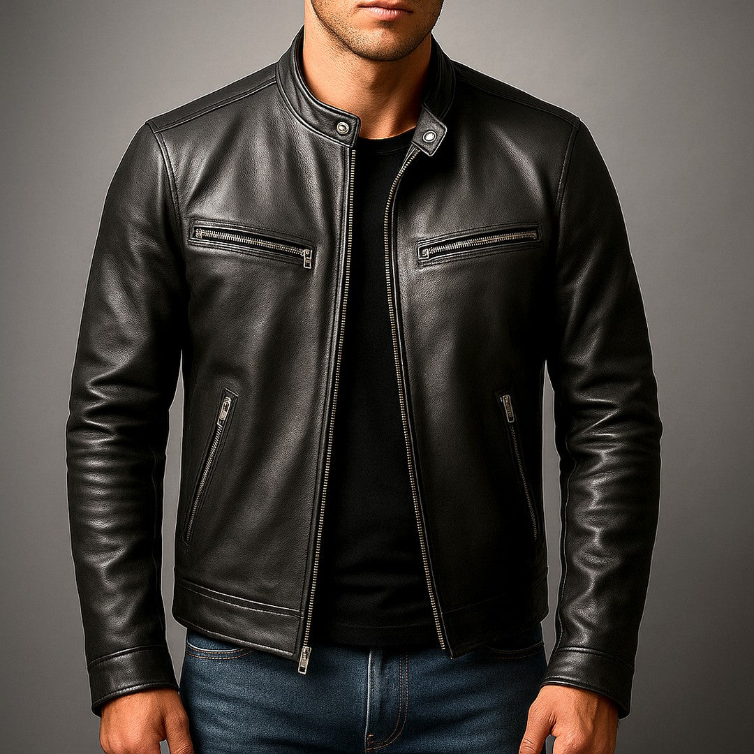 Man wearing the Lennox men's leather vintage jacket, back view