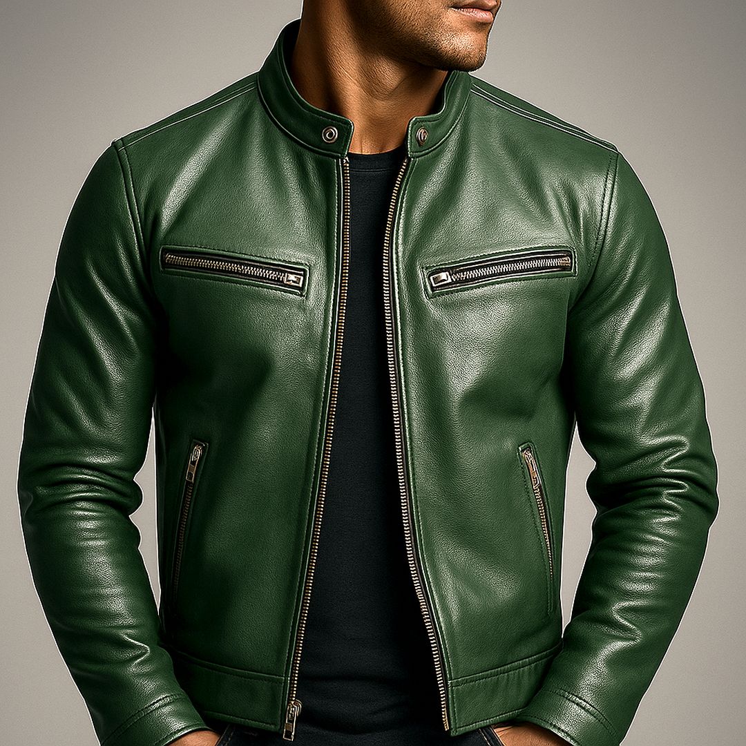 Man wearing the Lennox men's leather vintage jacket, front view