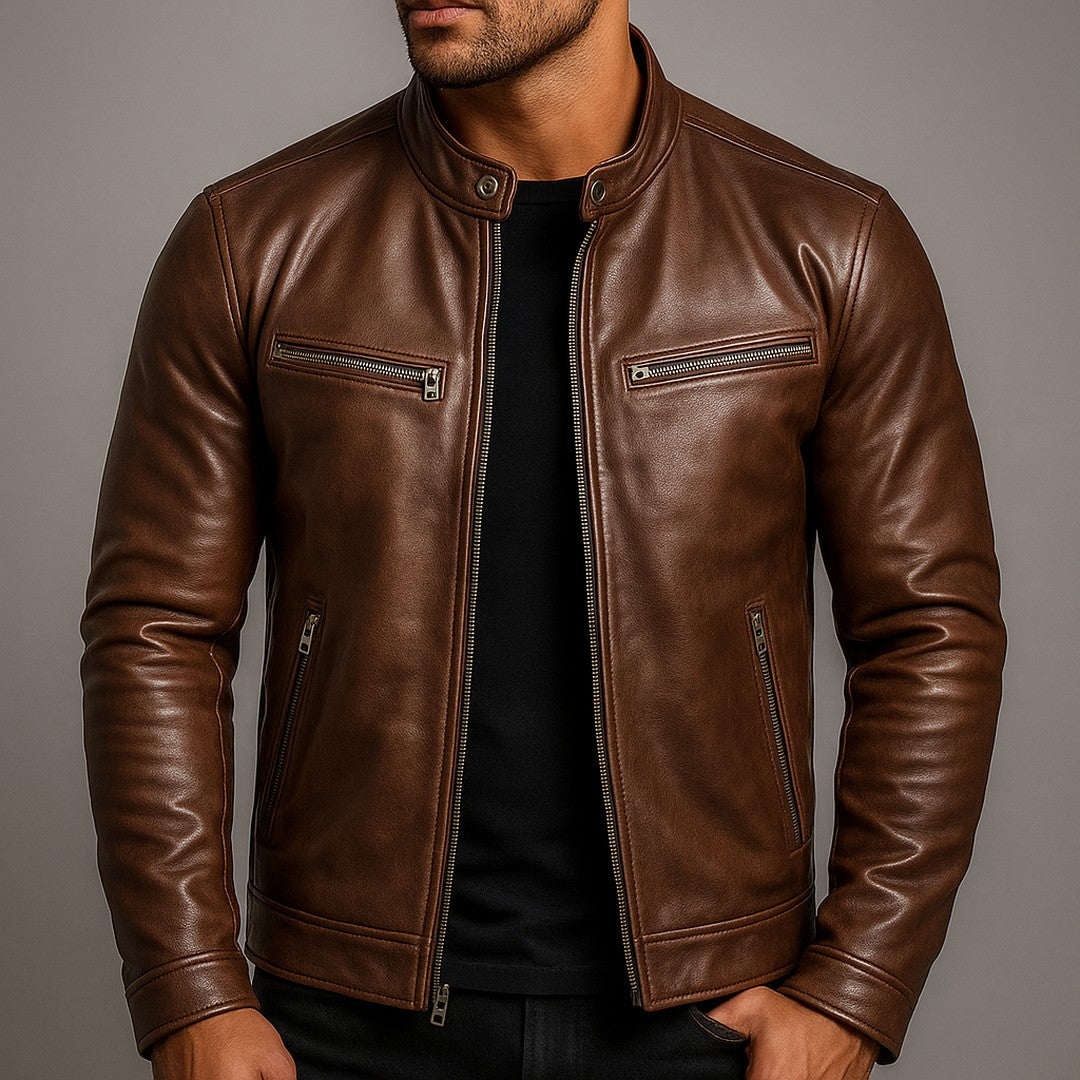Man wearing the Lennox men's leather vintage jacket, side view