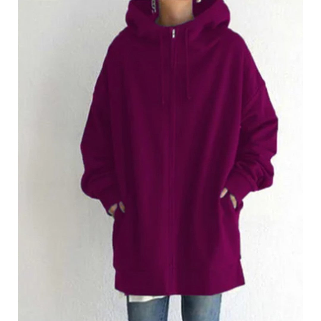 Woman wearing the Lenore women's zip-up hoodie, 14 view