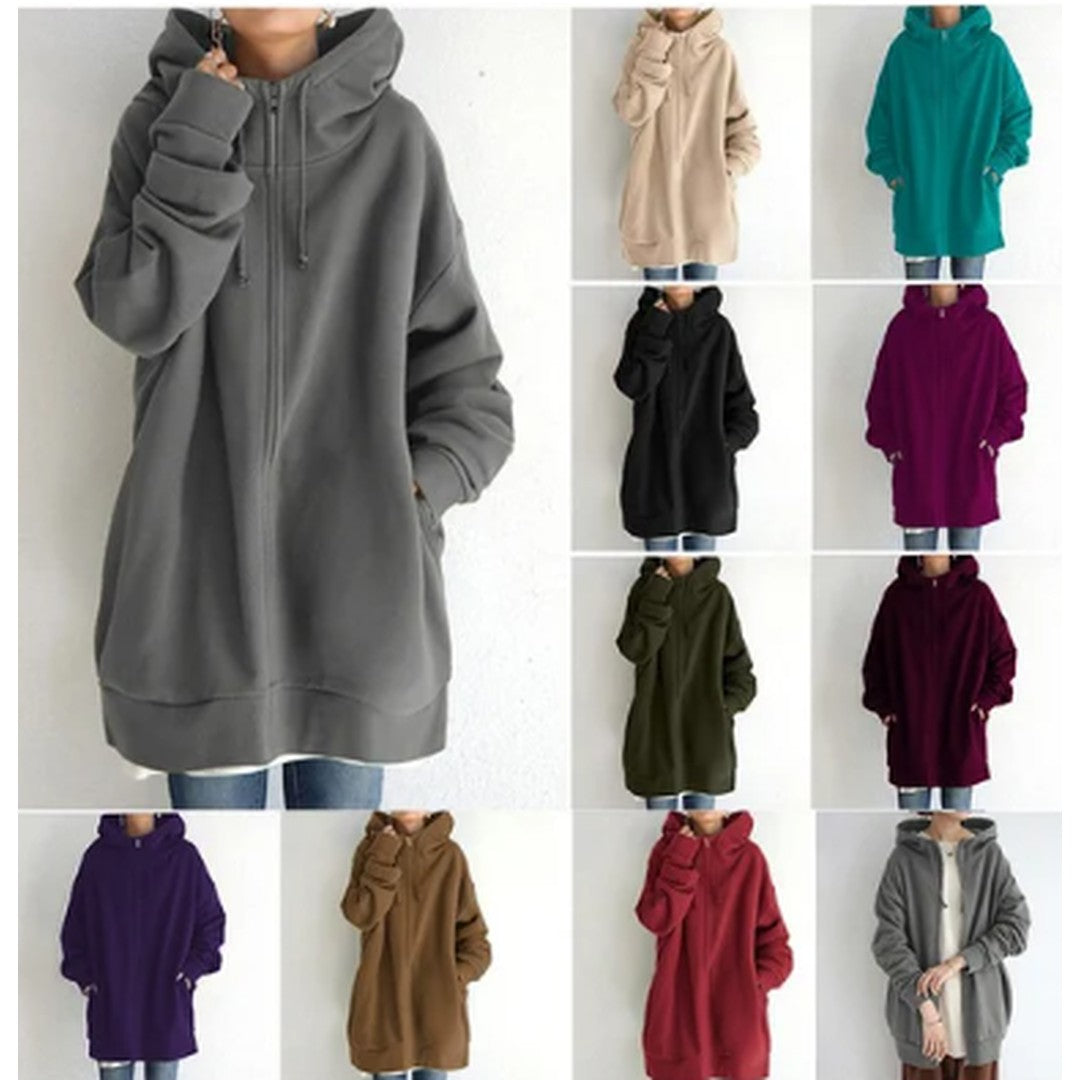 Woman wearing the Lenore women's zip-up hoodie, back view