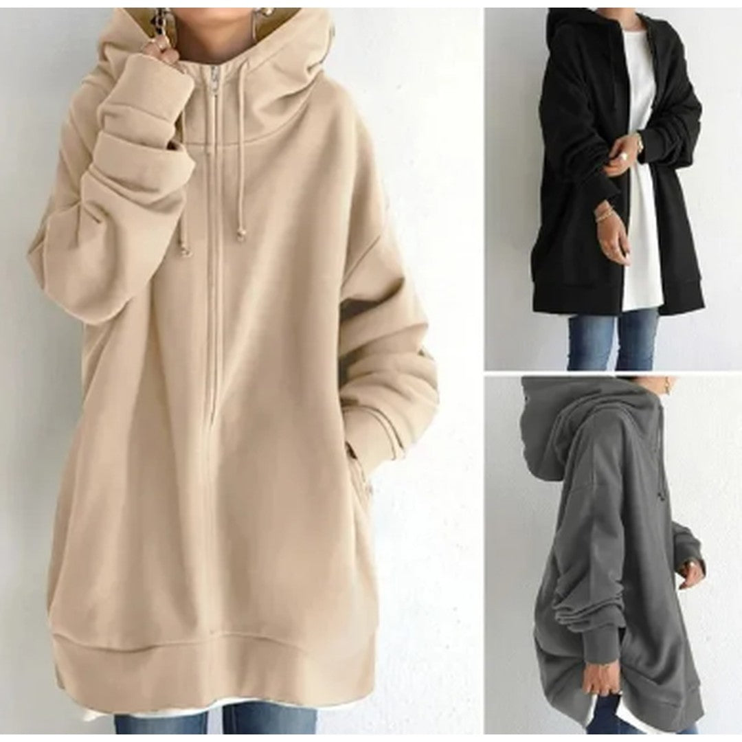Woman wearing the Lenore women's zip-up hoodie, detail view