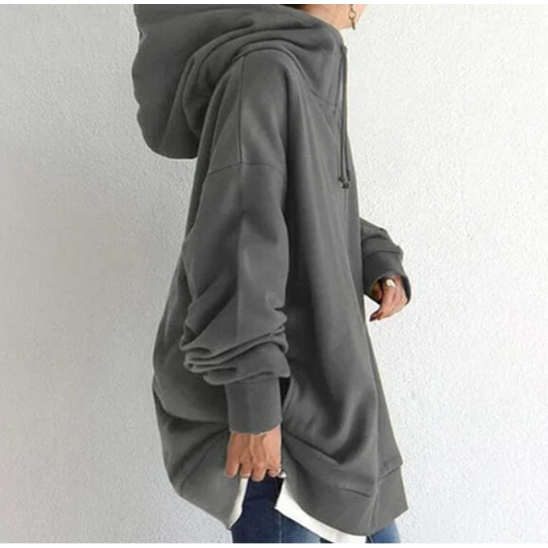 Woman wearing the Lenore women's zip-up hoodie, front view