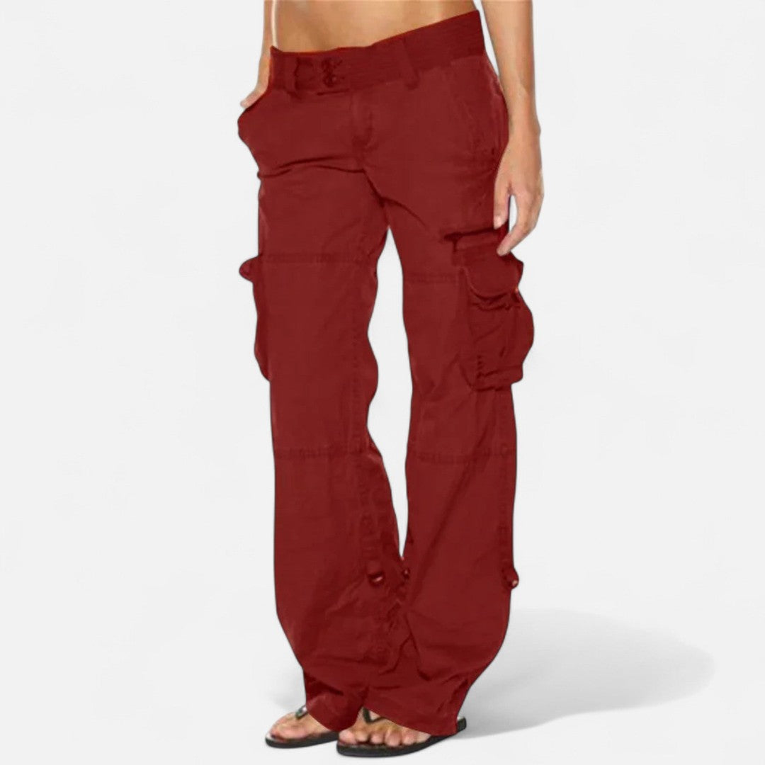 Woman wearing the Leocadia women's wide-leg pants, front view