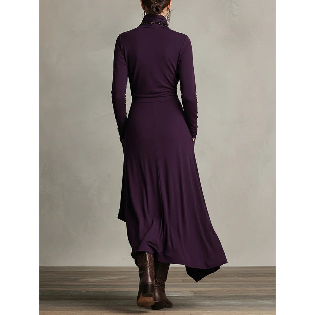 Woman wearing the Leona women's maxi chic dress, back view