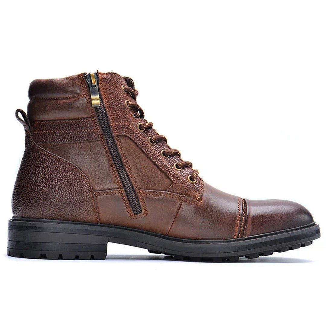 Man wearing the Levi men's casual leather boots in brown, front view
