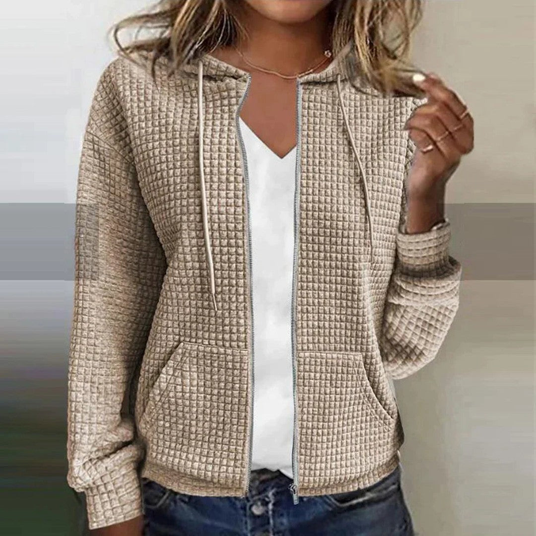 Woman wearing the Lila women's plaid jacket, back view