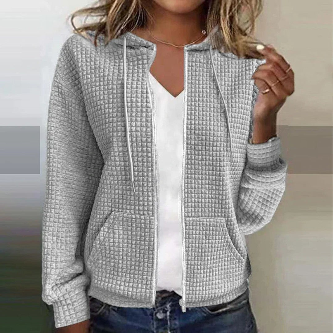 Woman wearing the Lila women's plaid jacket, detail view
