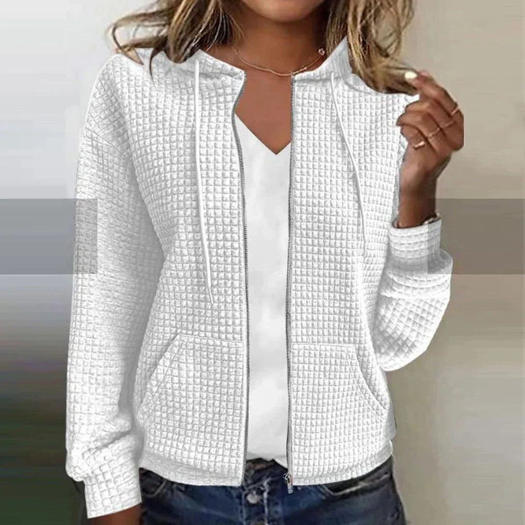 Woman wearing the Lila women's plaid jacket, flatlay view