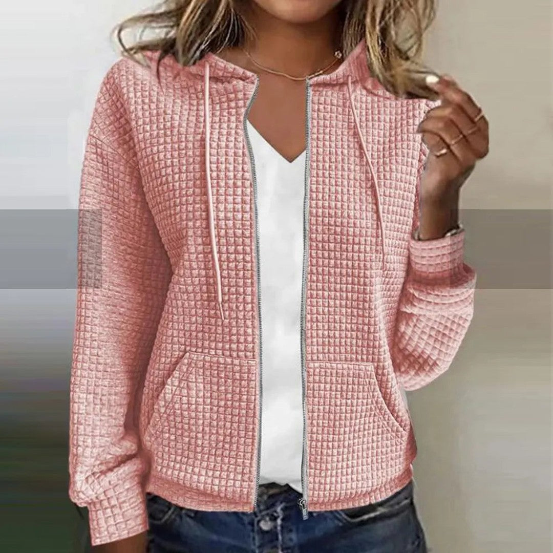 Woman wearing the Lila women's plaid jacket, front view