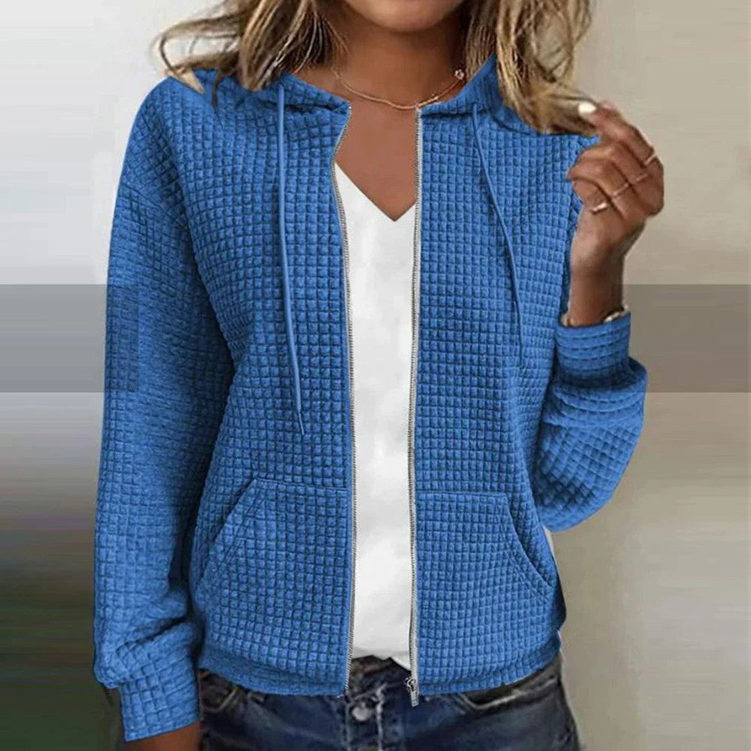 Woman wearing the Lila women's plaid jacket, side view