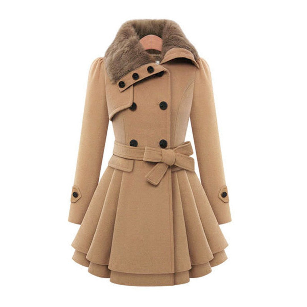 Woman wearing the Lily women's vintage trench coat, back view
