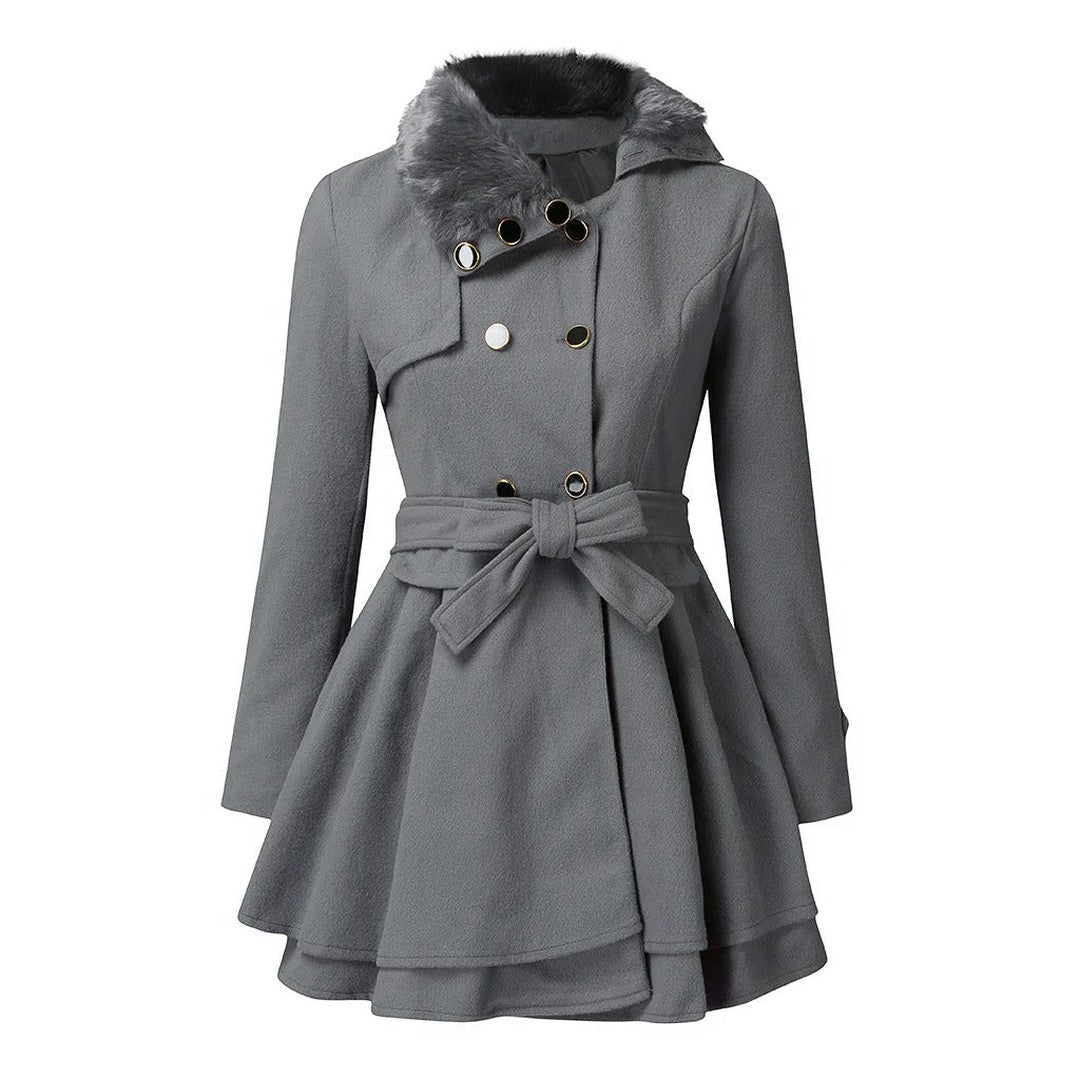 Woman wearing the Lily women's vintage trench coat, front view