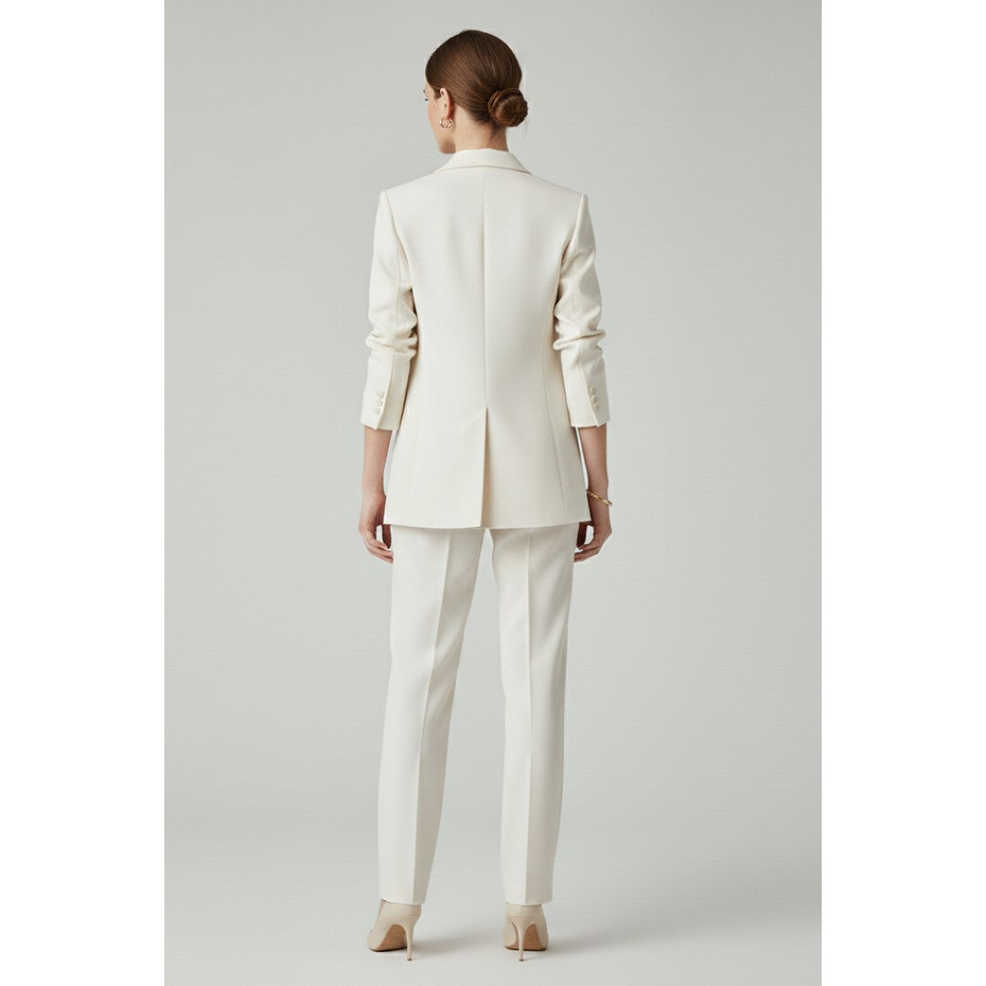 Woman wearing the Lincoln women's straight-leg set, detail view
