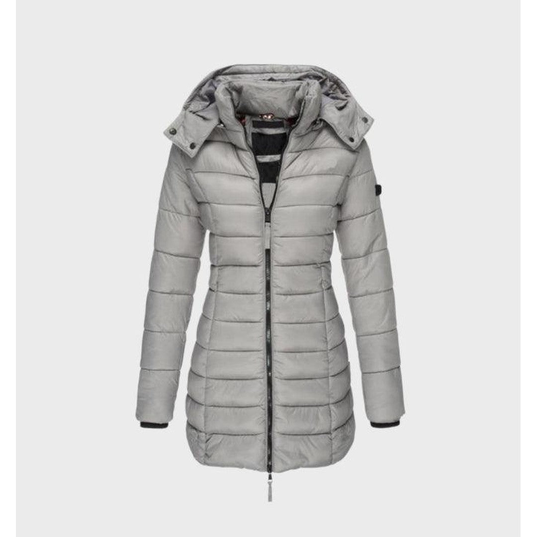 Woman wearing the Linnea women's hooded long-sleeve coat, detail view