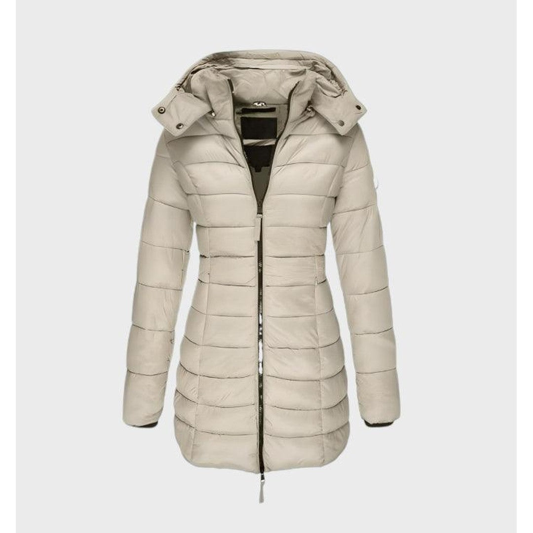 Woman wearing the Linnea women's hooded long-sleeve coat, model view