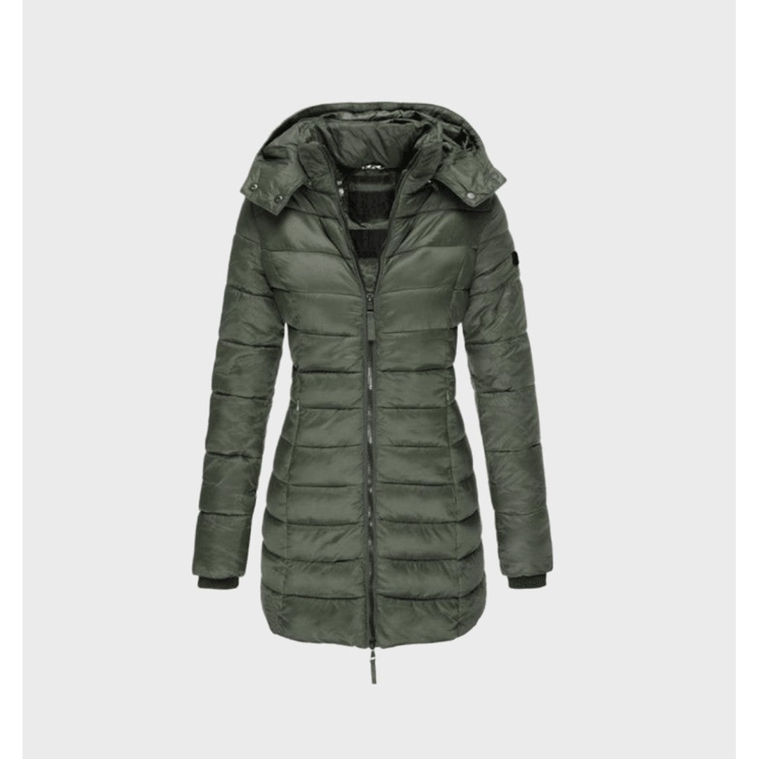 Woman wearing the Linnea women's hooded long-sleeve coat, side view