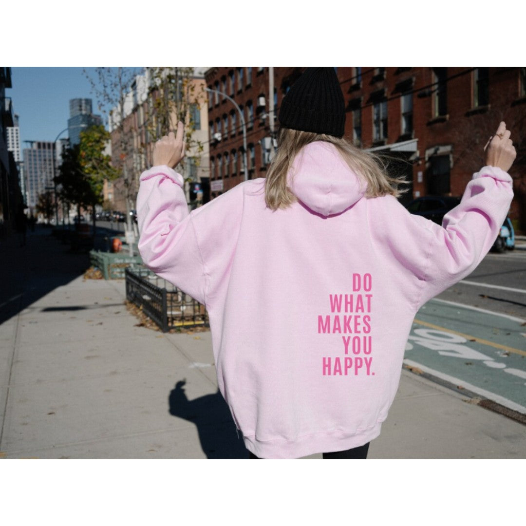 Woman wearing the Livia women's hooded hoodie, detail view