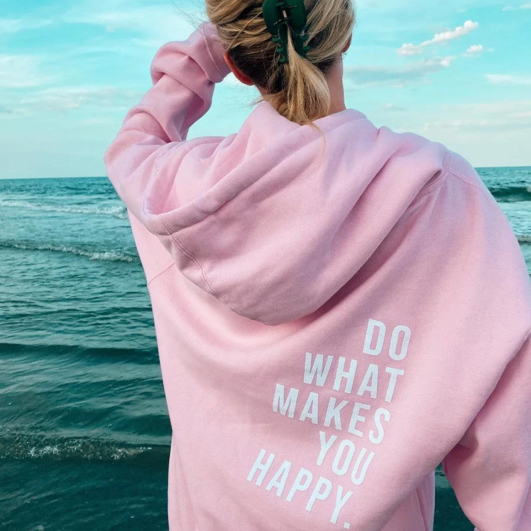 Woman wearing the Livia women's hooded hoodie, model view