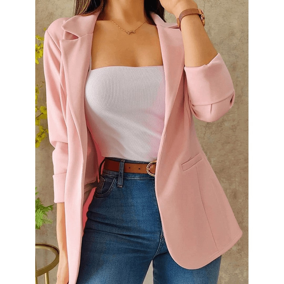Woman wearing the Louisa women's bodycon pocket detail jacket, flatlay view