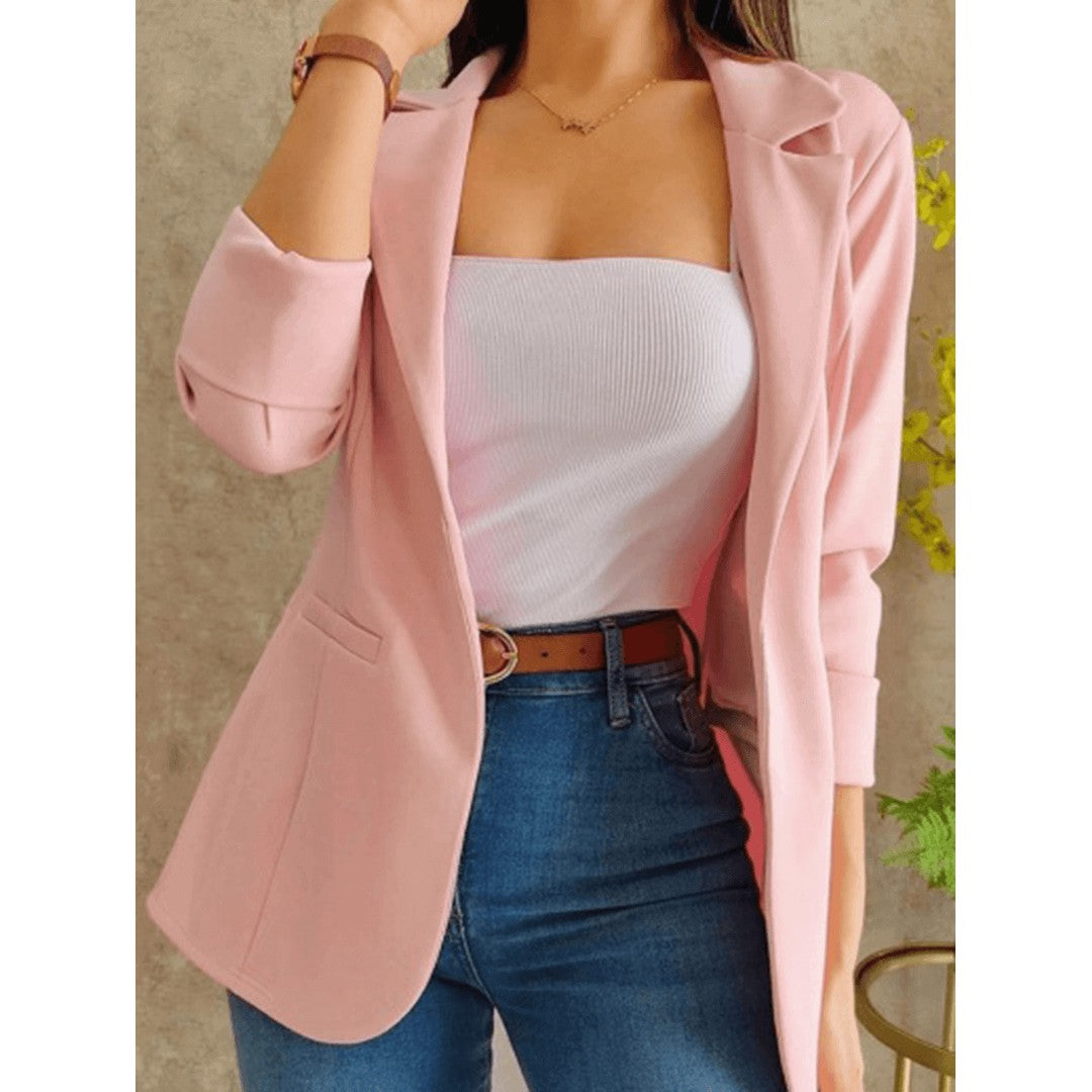 Woman wearing the Louisa women's bodycon pocket detail jacket, front view