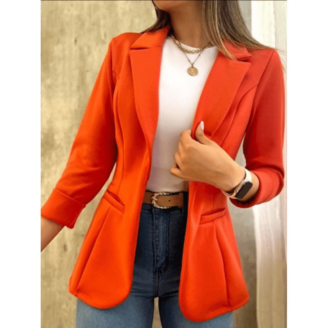 Woman wearing the Louisa women's bodycon pocket detail jacket, side view