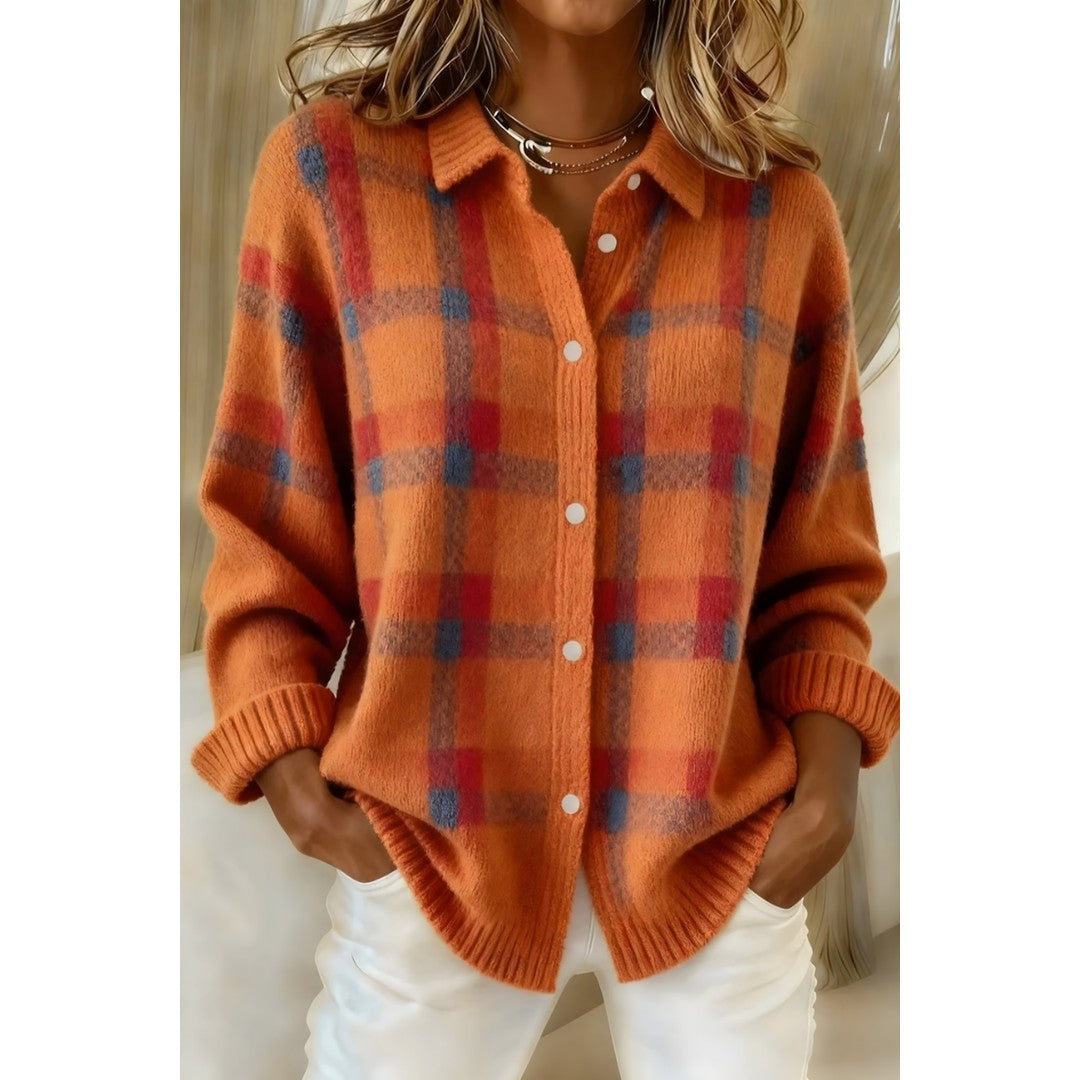 Woman wearing the Lucinda women's elegant cardigan, front view