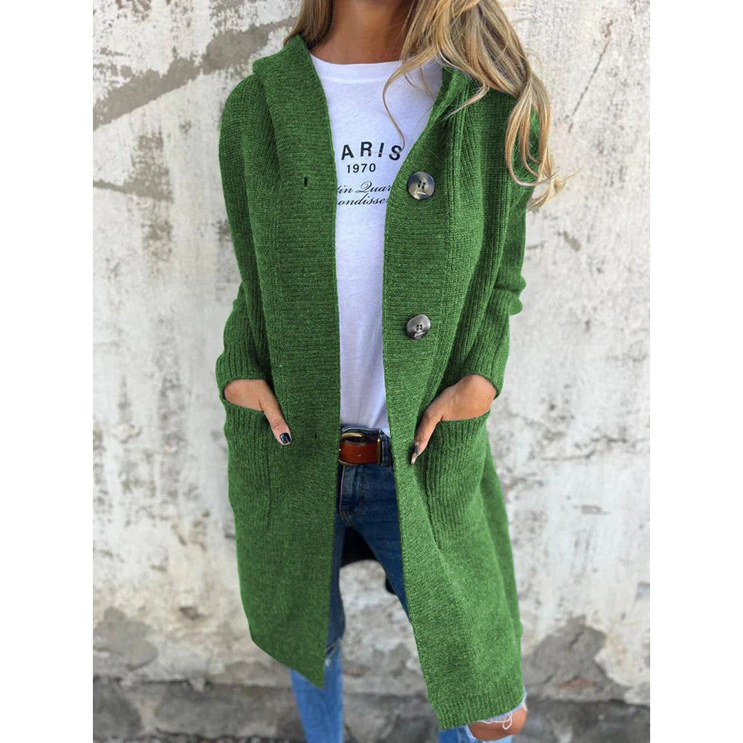 Woman wearing the Lucy women's longline hooded cardigan, 7 view
