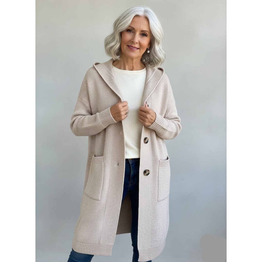 Woman wearing the Lucy women's longline hooded cardigan, back view