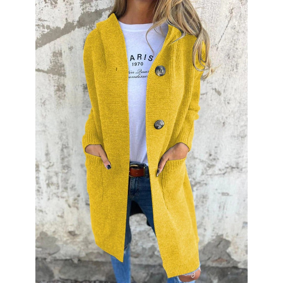 Woman wearing the Lucy women's longline hooded cardigan, flatlay view