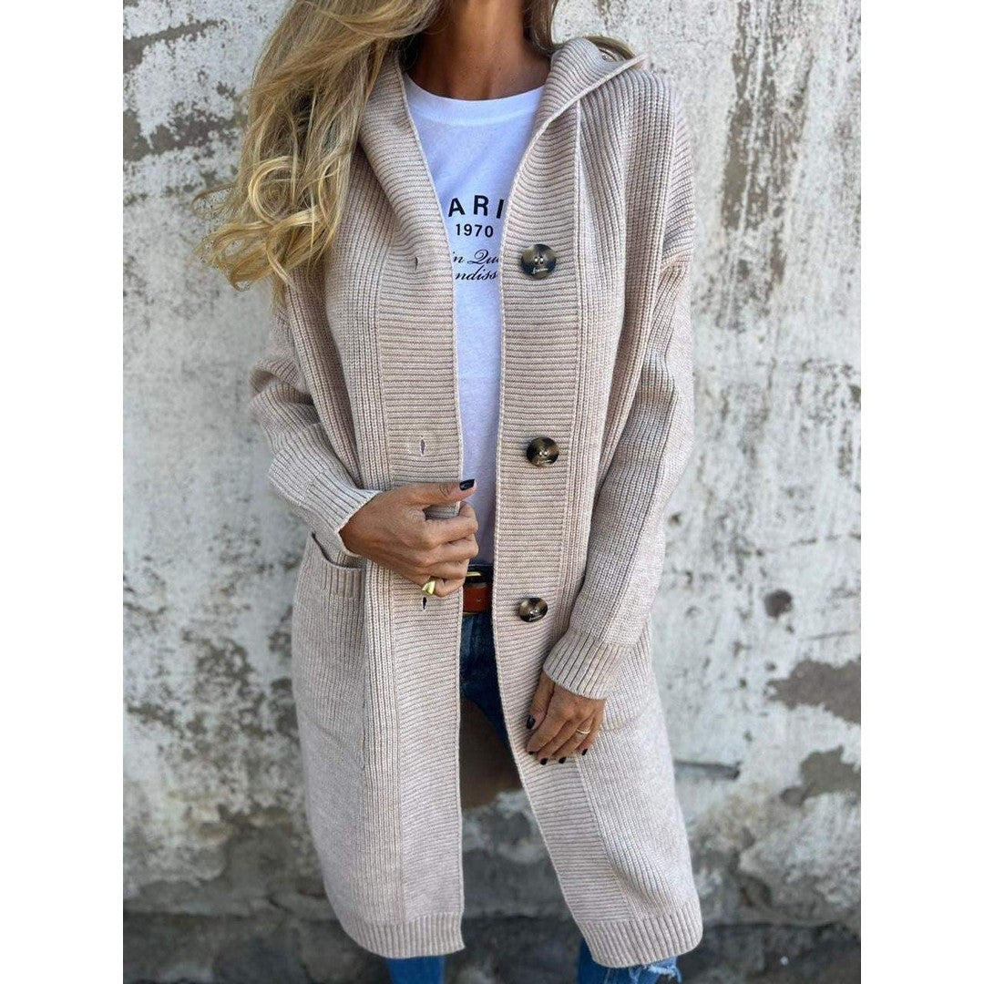 Woman wearing the Lucy women's longline hooded cardigan, front view