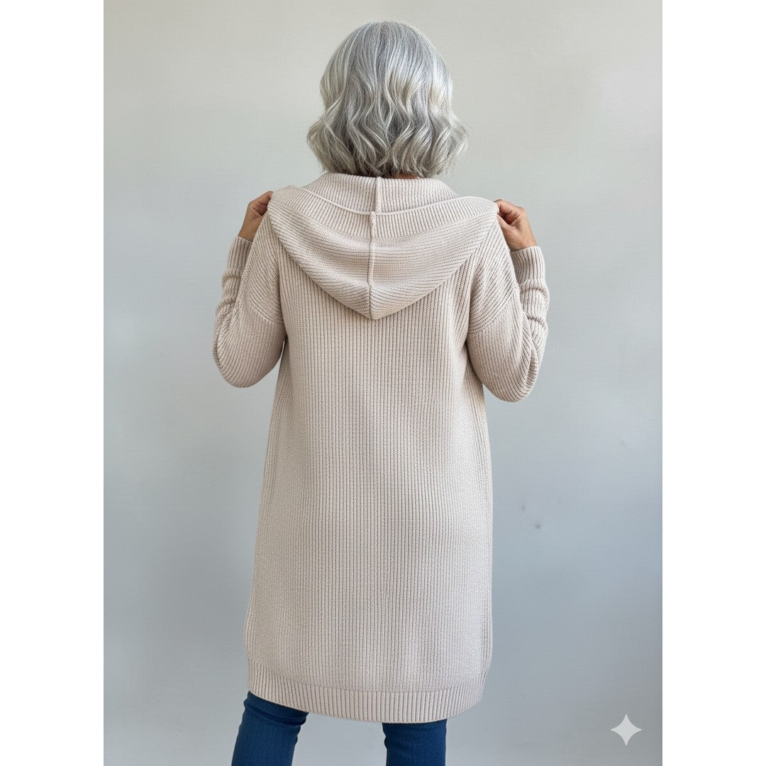 Woman wearing the Lucy women's longline hooded cardigan, side view