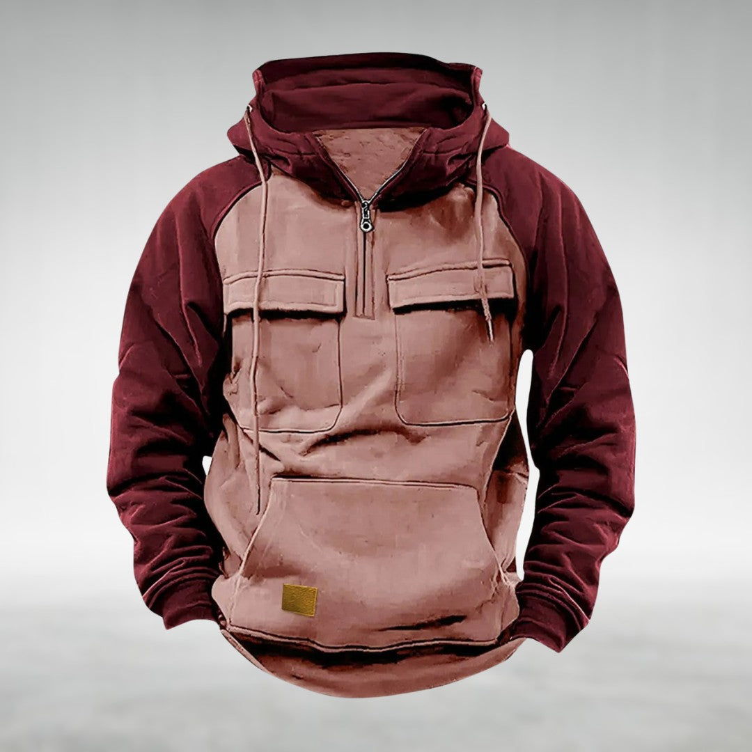 Man wearing the Ludovic men's hoodie, flatlay view