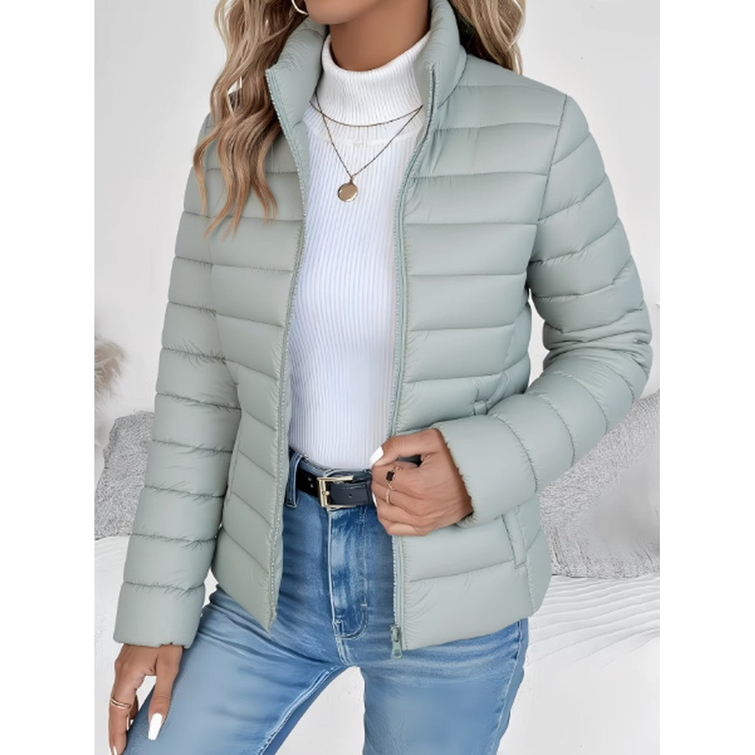 Woman wearing the Luella women's slim-fit jacket, front view