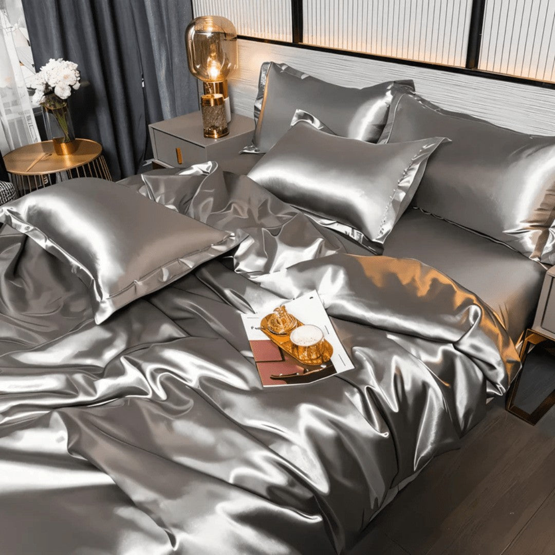 Satin bedding set on a made bed - product photo 11