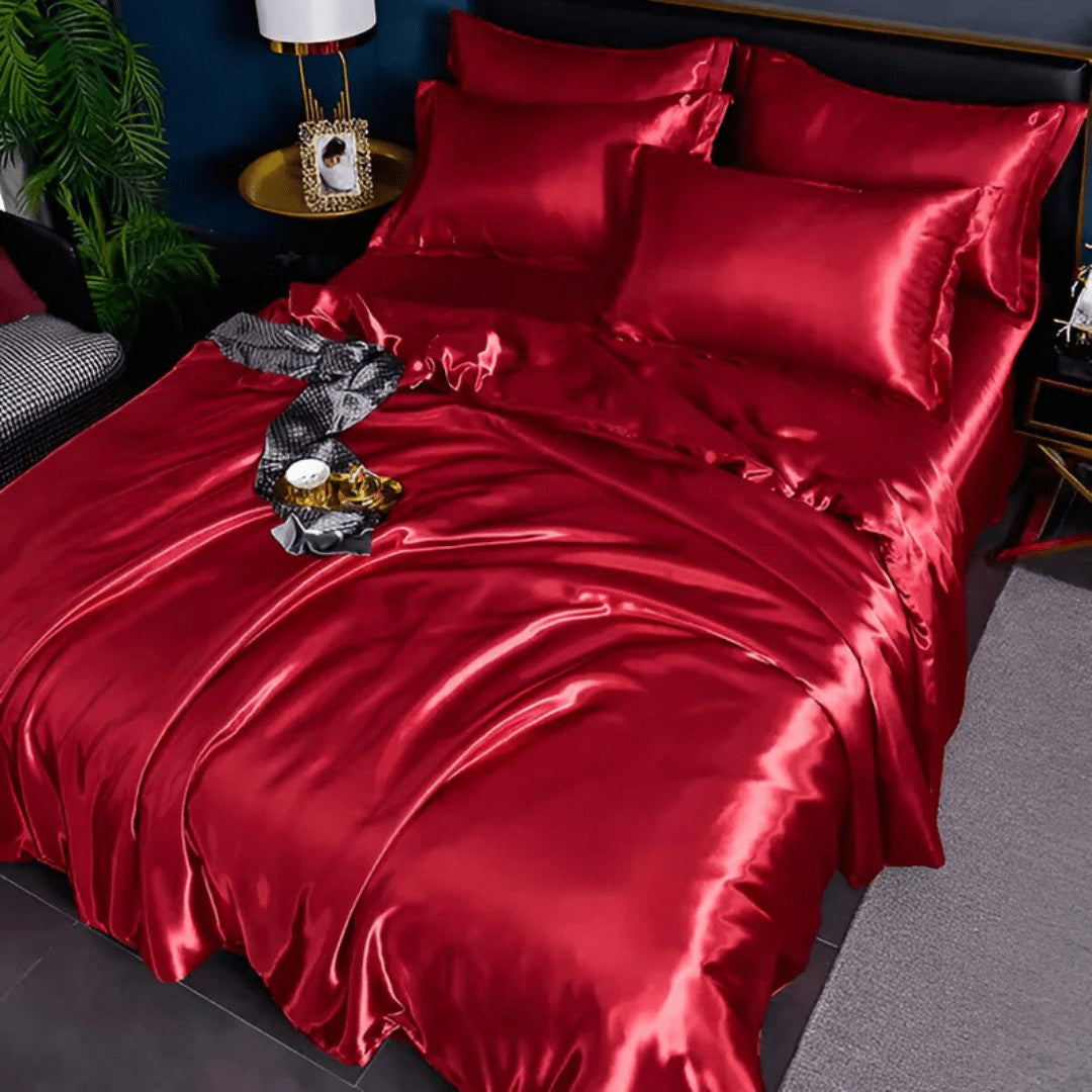 Satin bedding set on a made bed - product photo 2