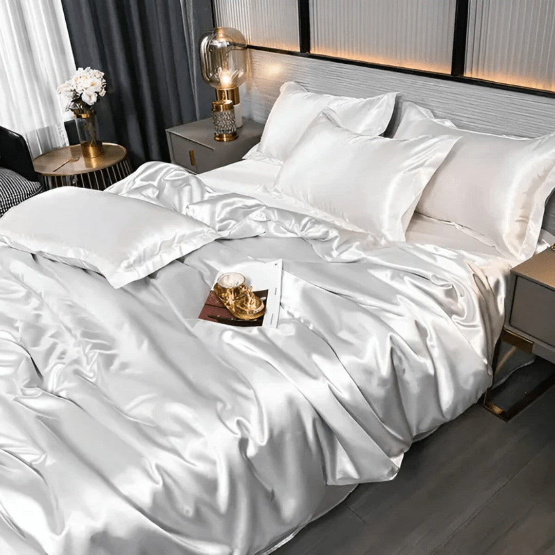 Satin bedding set on a made bed - product photo 5