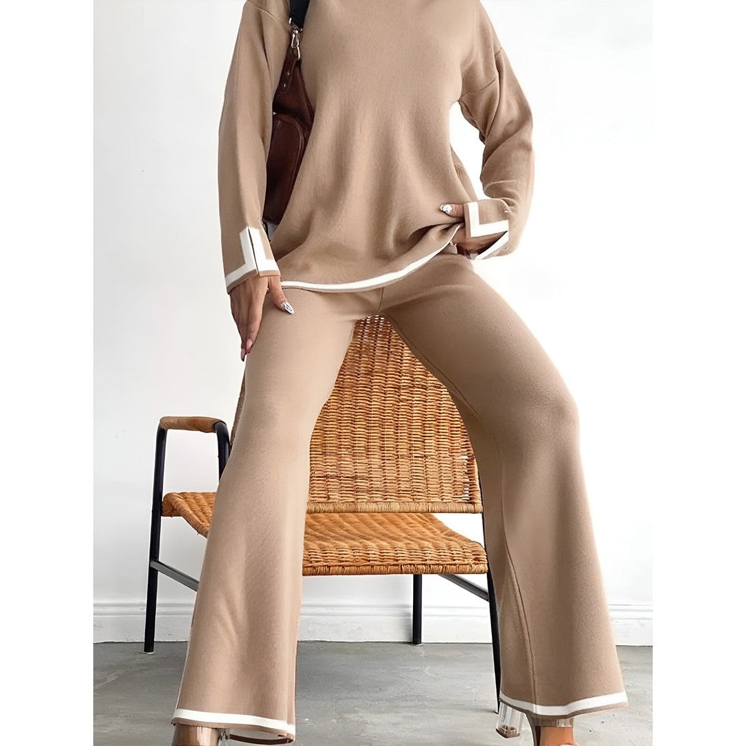 Woman wearing the Mabel women's stretch knit apparel, side view